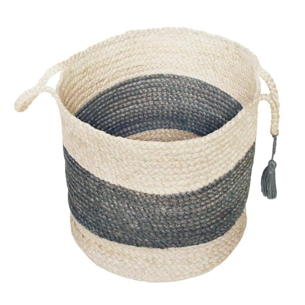17" Off-White and Gray Jute Round Storage Basket