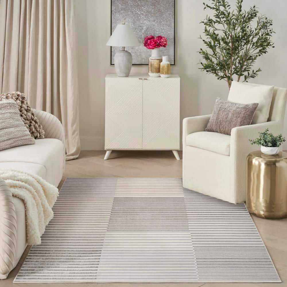 Silver Grey Striped 5' x 7' Synthetic Area Rug