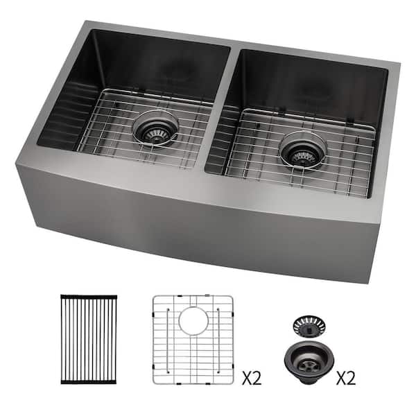 36 in. Farmhouse/Apron-Front Double Bowl (50/50) 16-Gauge Gunmetal Black Stainless Steel Kitchen Sink with Drying Rack