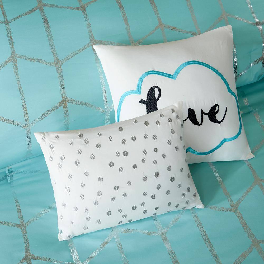 Aqua and Silver Twin Microfiber Comforter Set with Shams