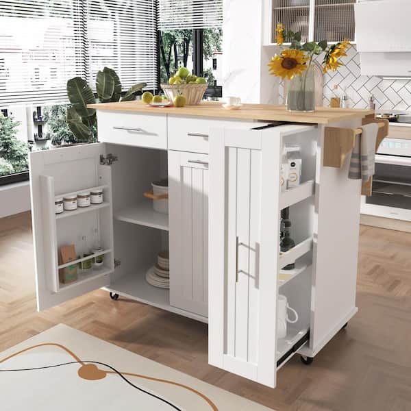 A White Wooden Rolling Kitchen Cart with a Natural Solid Wood Countertop(46 in. W)