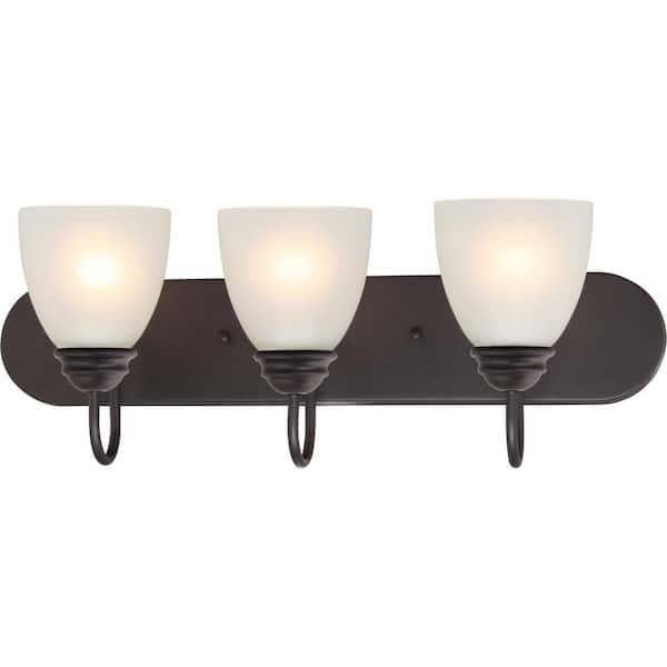 Mari 3-Light Indoor Antique Bronze Bath or Vanity Light Bar or Wall Mount with White Frosted Glass Bell Shades
