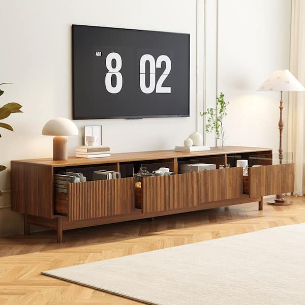 Modern Walnut TV Stand Entertainment Center Fits TVs Up to 85 in. with 4-Drawers for Living room
