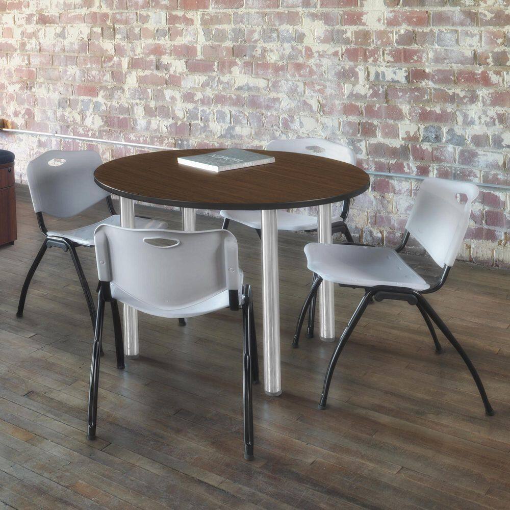 Kee 36 in. Neo Walnut Round Breakroom Table Desk and 4 'M' Stack Chairs-Grey price history on PriceWatchPro