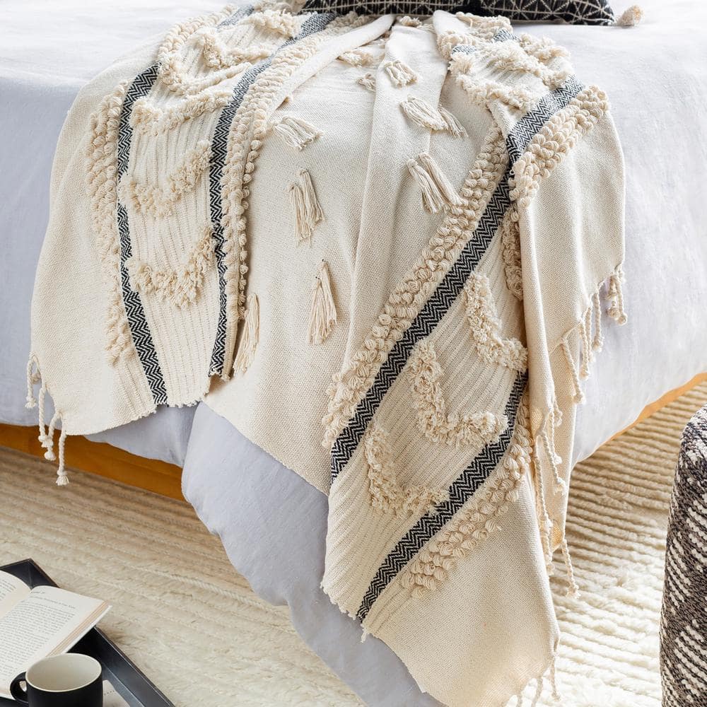 Ivory and Black Cotton Boho Throw Blanket with Tassels
