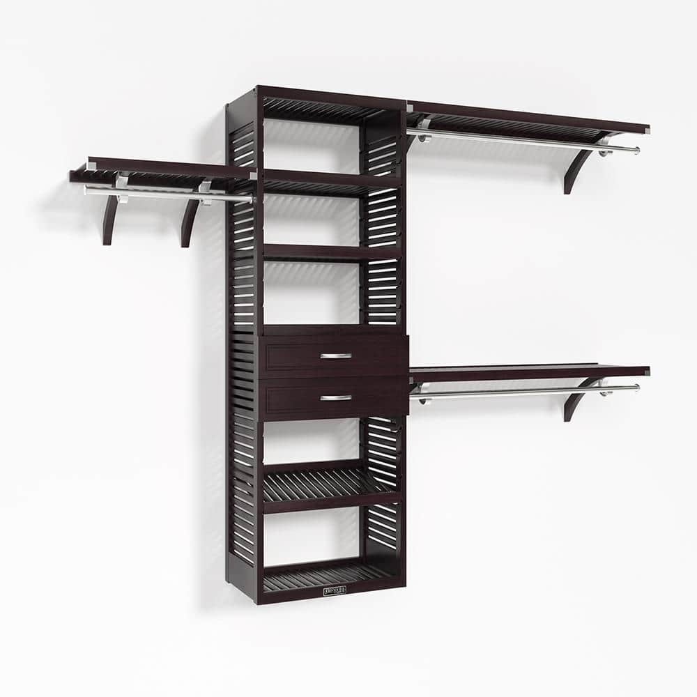 72 in. W - 120 in. W Espresso Walk in with 2 Drawers 16 in. Shelf Wood Closet System