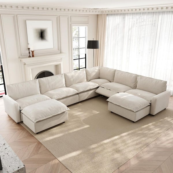 Power Recliner 140 in. Square Arm Beige Linen 8-Piece U-Shaped Modular Sectional Sofa w/ Ottomans, Heat and USB Ports