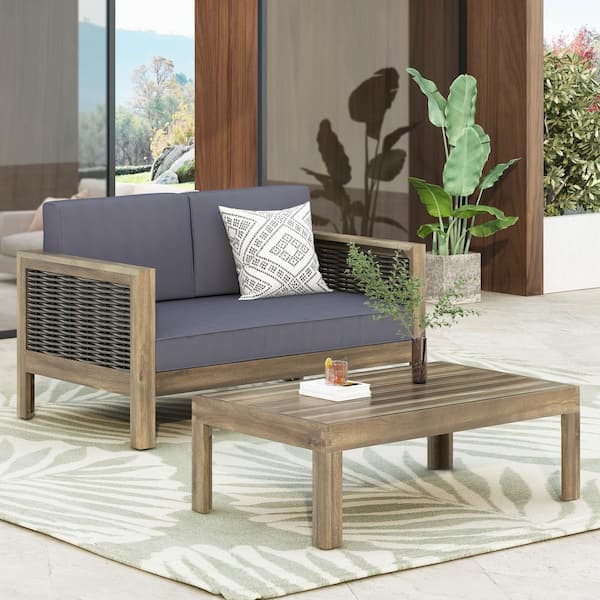 Noble House Randal Gray Acacia Wood and Mixed Gray Wicker Outdoor Patio Loveseat and Coffee Table Set with Dark Gray Cushions