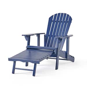 Navy Blue Outdoor Patio Acacia Wood Adirondack Lounge Chair with Pull Out Footstool