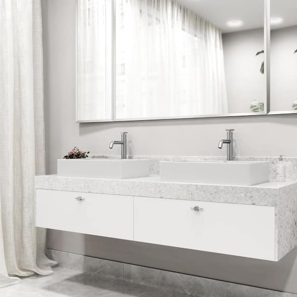 Matte Stone Magnolia Composite Rectangular Vessel Bathroom Sink in White with Faucet and Pop-Up Drain in Brushed Nickel