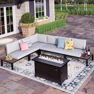 Black 6 Seat 6-Piece Steel Outdoor Fire Pit Patio Set with Light Gray Cushions and Black Rectangular Fire Pit Table