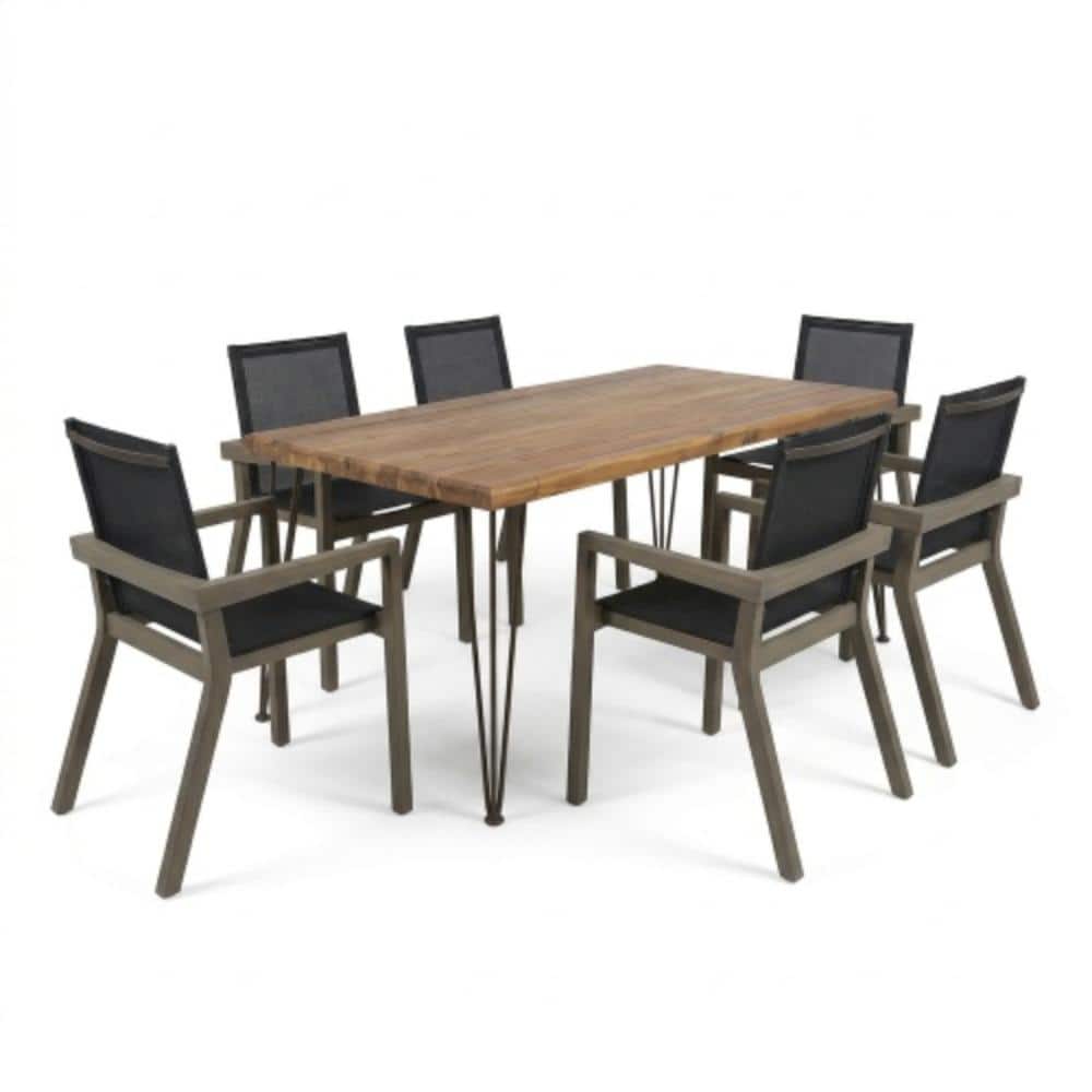 JPJPUU 7-Piece Acacia Wood Outdoor Dining Set with 6 Chairs and 1 Large ...