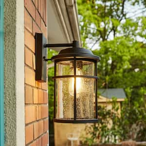 1-Light Matte Black Clear seeded Glass Shade Hardwired Outdoor Wall Lantern Sconce