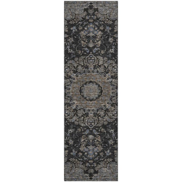 Mayfield Premium Machine Washable Abstract AMF2543 Black 2 ft. x 7 ft. Runner Rug