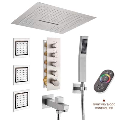 Luxury LED Music 4-Spray Patterns Thermostatic 16 in. Ceiling Mount Rain Dual Shower Heads with 3-Jet in Brushed Nickel