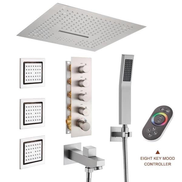 Mondawe Luxury LED Music 4-Spray Patterns Thermostatic 16 in. Ceiling Mount Rain Dual Shower Heads with 3-Jet in Brushed Nickel