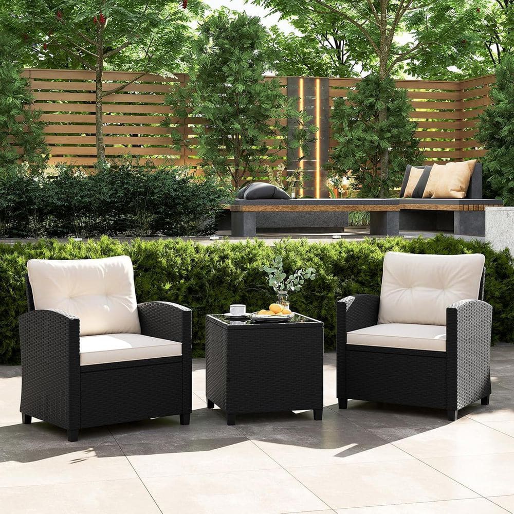 Black 3-Piece Wicker Patio Conversation Set with White Cushions