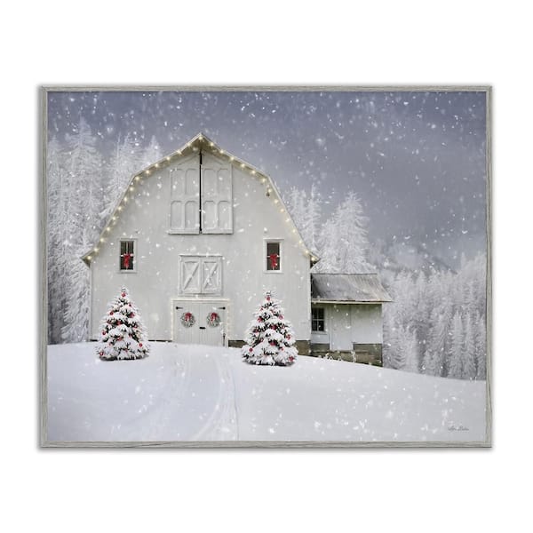 White Winter Snowfield Barn Cozy Christmas Scenery by Lori Deiter Framed Giclee Art Print Nature 24 in. x 30 in.