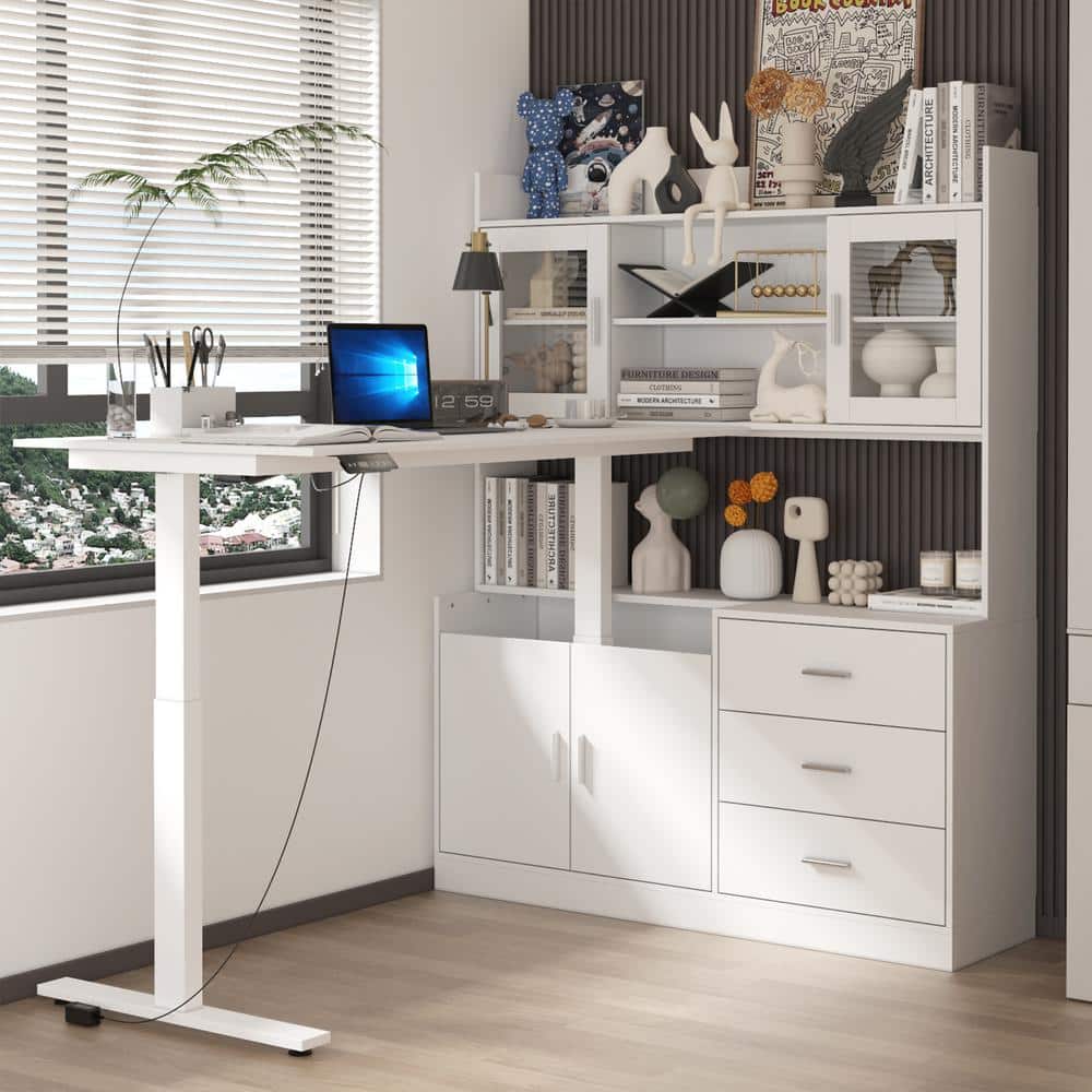 FUFU&GAGA 68.5 in. W L-shaped Adjustable Height Desk Ergonomic Stand Up Desk White Home Office With Bookcase, Adjustable Shelves KF210275-012 - The FUFU&GAGA 68.5 in. W L-shaped Adjustable Height Desk Ergonomic Stand Up Desk White Home Office With Bookcase, Adjustable Shelves KF210275-012 - The