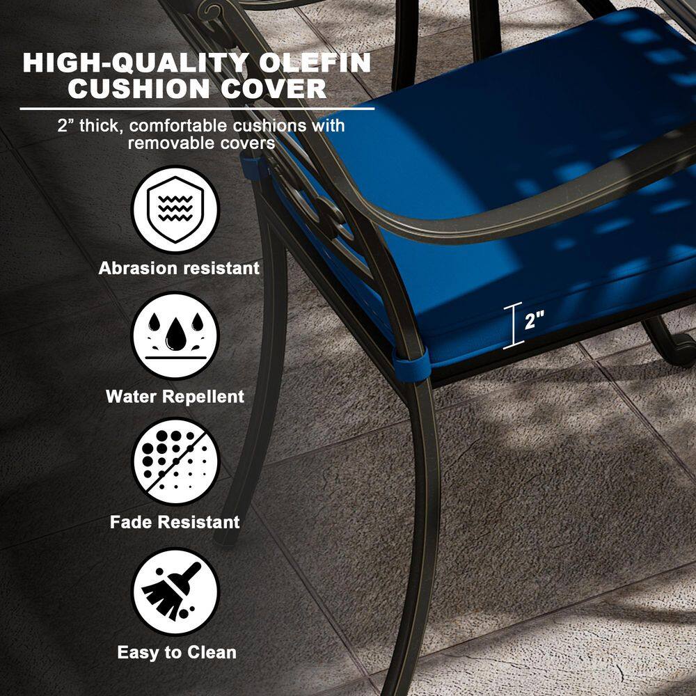 Set of 4 Black Cast Aluminum Outdoor Dining Chairs with Blue Cushions