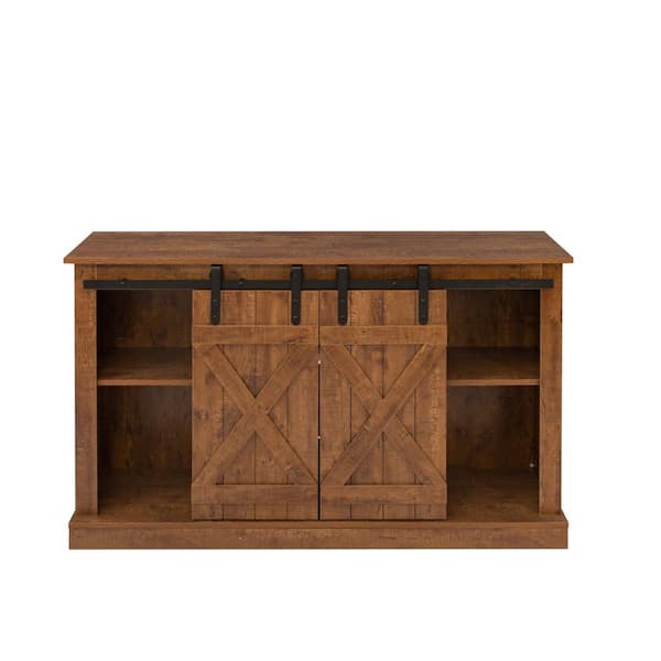 aisword 54 in. Walnut Farmhouse Sliding Barn Door Ranch Rustic Style TV Stand Up to 65 in.