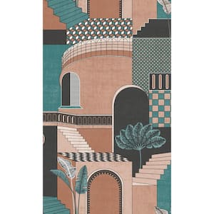 Orange and Teal Mediterranean Style Building Shelf Liner Non-Woven Non-Pasted Wallpaper Double Roll (57 sq. ft.)