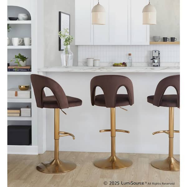 Ava Upholstered 45.5 in. Gold Metal and Espresso Velvet Adjustable Barstool with Round T Footrest (Set of 2)