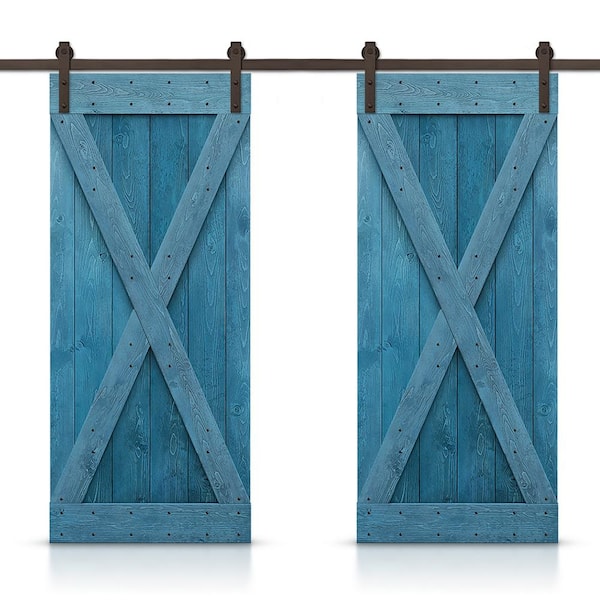 CALHOME 72 in. x 84 in. X Series Ocean Blue Stained Solid Knotty Pine Wood Interior Double Sliding Barn Door with Hardware Kit