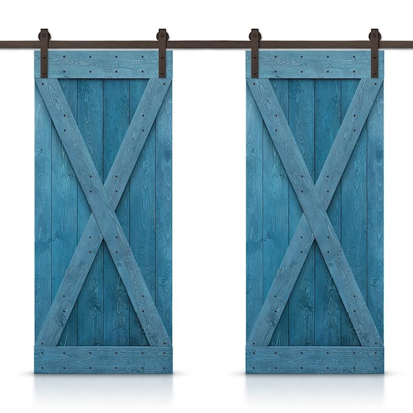 CALHOME X Series 84 in. x 84 in. Pre-Assembled Ocean Blue Stained Wood Interior Double Sliding Barn Door with Hardware Kit