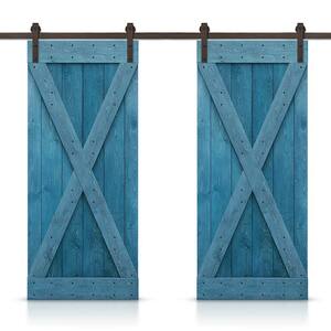 84 in. x 84 in. X Series Ocean Blue Stained Solid Knotty Pine Wood Interior Double Sliding Barn Door with Hardware Kit