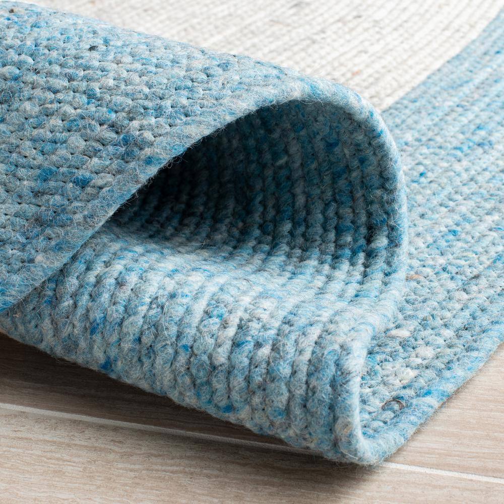 Ivory and Blue Round Braided Wool Area Rug