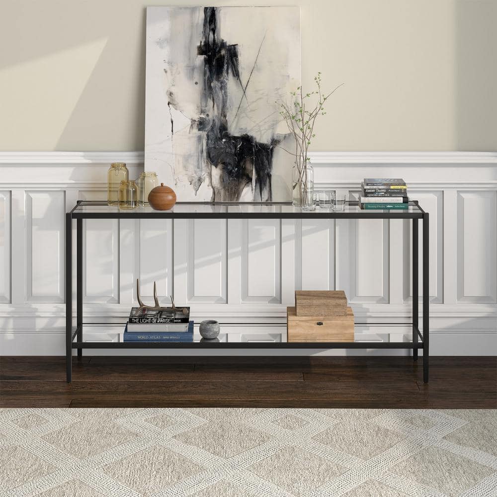 Aurora Modern Mirrored Console Table with Glass Shelf in Blackened Bronze