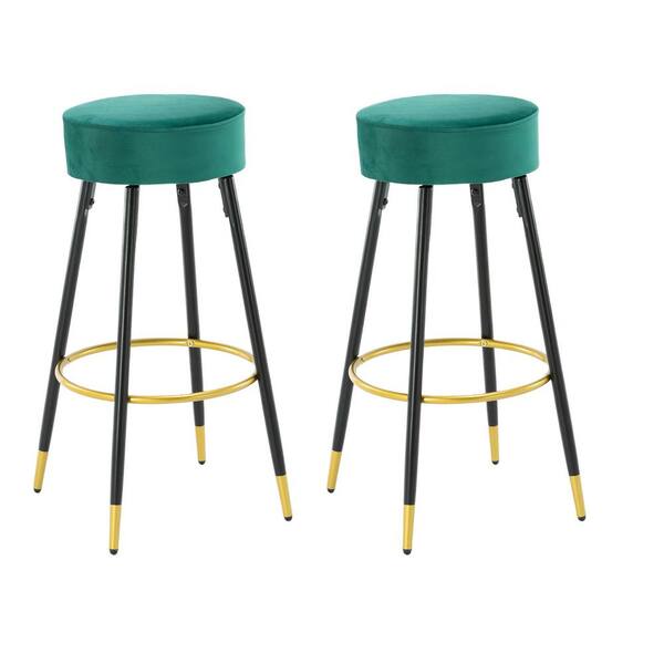 FORCLOVER 30.3 in. Bar Height Emerald Backless Metal Upholstered Velvet Bar Stool with Footrest (Set of 2)