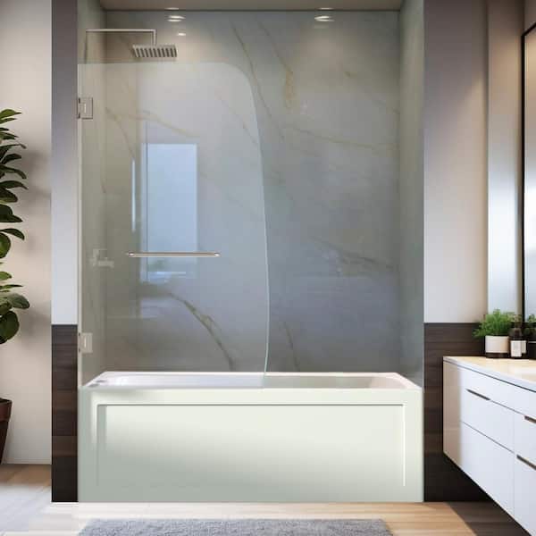 Lonni 34 in. W x 58 in. H Pivot Frameless Hinged Tub Door in Brushed Nickel with 5/16 in. (8mm) Clear Glass