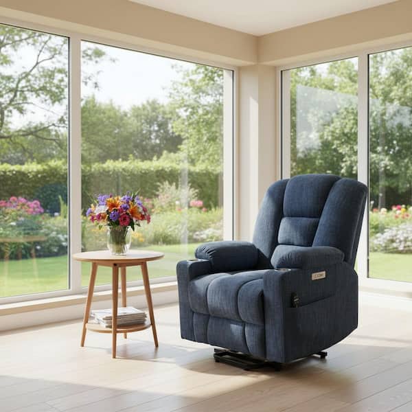 Blue Power Lift Recliner Chair with Remote Control Dual USB Ports Cup Holders Chenille Upholstery 350 lbs. Capacity