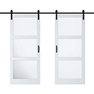 72 in. x 84 in. 3-Lite Tempered Frosted Glass White Finished Composite MDF Sliding Barn Door Slab with Hardware Kit