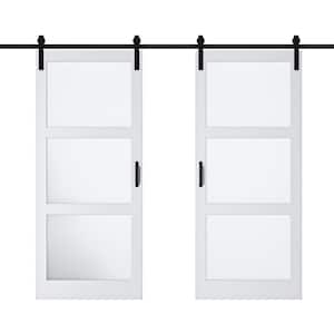 72 in. x 84 in. 3-Lite Tempered Frosted Glass White MDF Finished Double Sliding Barn Door Slab with Hardware