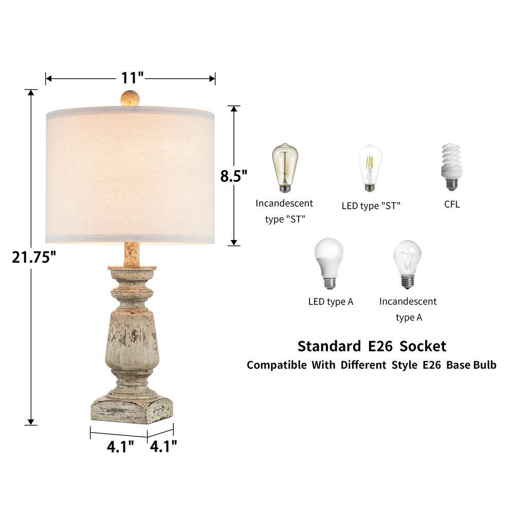 Distressed White Resin Farmhouse Table Lamp Set with Fabric Shade