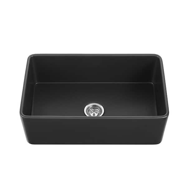 HOMLUX Fireclay 30 in. Single Bowl Farmhouse Apron Kitchen Sink in Matte Black