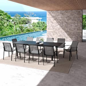 Black 11-Piece Aluminum Rectangle Outdoor Dining Table Set with Extension