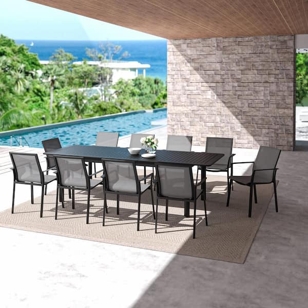 DESwan Black 11-Piece Aluminum Rectangle Outdoor Dining Table Set with Extension