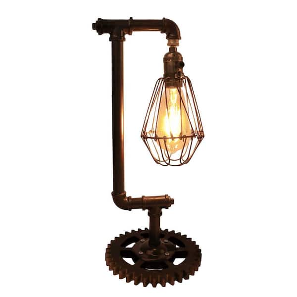 LamQee 16 . 5 in. Industrial Bronze/Gear Base Desk Table Lamp Steampunk  Water Pipe Light with Retro Caged Metal Shade 06FTL0148BBR - The Home Depot
