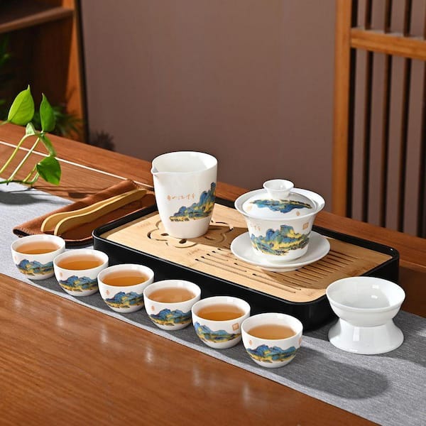 JFVKAF Portable Chinese Kung Fu Tea Set with Gaiwan, 6-Cups