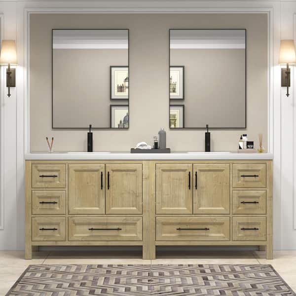 VIV 84 in. W x 20 in. D x 35 in. H Double Sink Freestanding Bath Vanity in Teak Oak with White Acrylic Top