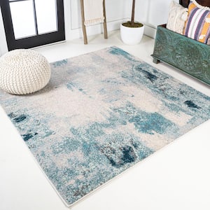 Contemporary Pop Cream/Blue 8 ft. Square Modern Abstract Vintage Area Rug