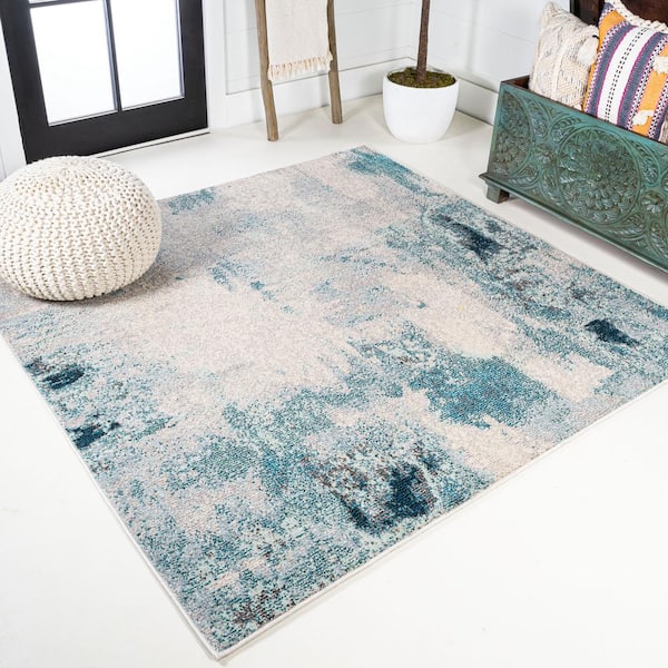 Contemporary Pop Cream/Blue 8 ft. Square Modern Abstract Vintage Area Rug