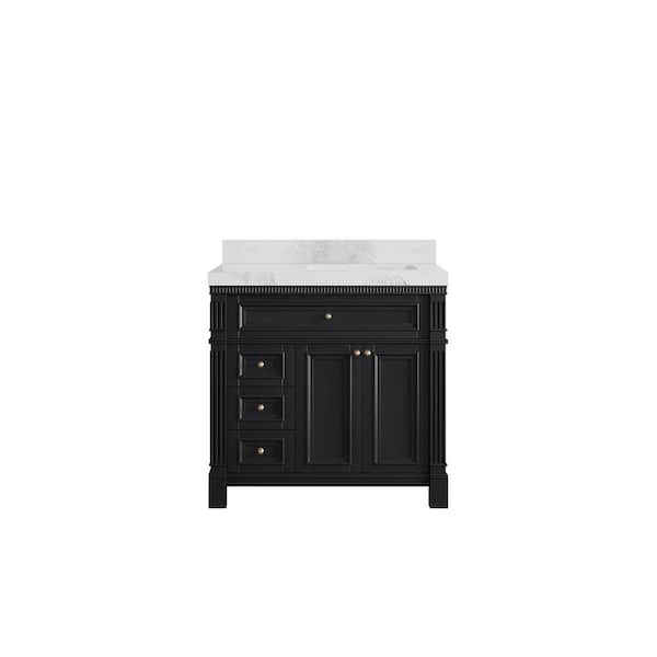Willow Collections Paris 36 in. W x 22 in. D x 36 in. H Right Offset Sink Bath Vanity in Black with 2 in. Calacatta Nuvo qt. Top