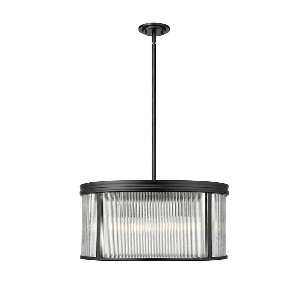 Carnaby 24.25 in. 6-Light Matte Black Chandelier with Clear Ribbed Glass Sh