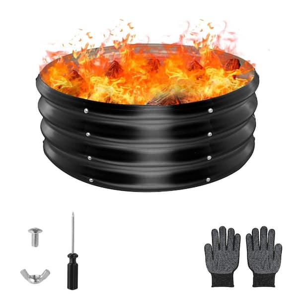 24 in. Round Galvanized Steel Fire Pit Ring Outdoor Wood Burning Black 1-Piece