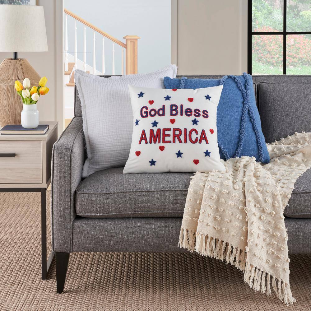 18" White Patriotic Embroidered Square Throw Pillow